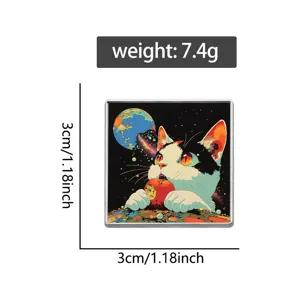 Detailed view of square cosmic cat enamel pin badge with weight and size parameters