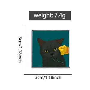 Square metal enamel pin featuring a black cat illustration with size and weight info
