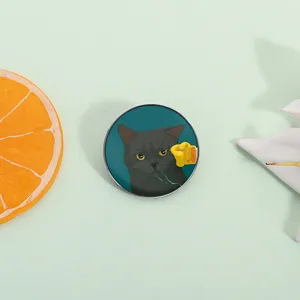 Cute cartoon black cat covering its ear enamel pin badge metal brooch accessory