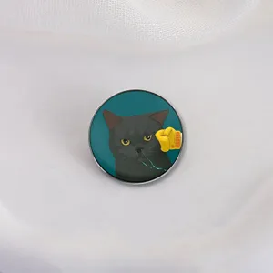 Funny grumpy black cat enamel lapel pin badge with a yellow boxing glove design