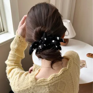 Stylish black and white polka dot bow hair scrunchie sweet ponytail elastic tie