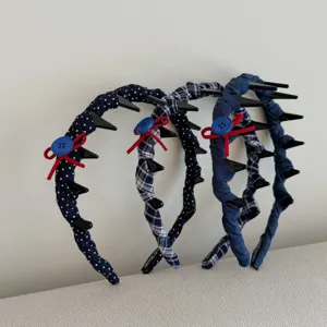 Set of navy blue polka dot and plaid fabric wave headbands with anti-slip hair teeth