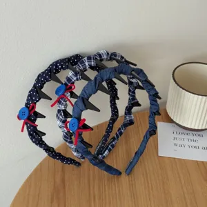 Korean style navy blue polka dot and plaid fabric headbands with non-slip teeth
