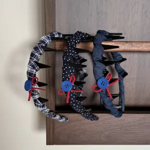Navy blue series fabric headbands with anti-slip teeth, including polka dot and plaid designs