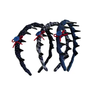Set of navy blue polka dot and plaid fabric headbands with anti-slip teeth comb