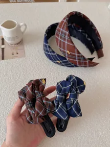Vintage plaid bow hair clips and wide headband hair accessories set in navy and brown