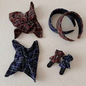 Plaid Hair Accessories Set For Women Preppy Style Vintage Wide Headband Bow Knot Scrunchie Hair Clip Set Red Blue Plaid Fabric Headwear