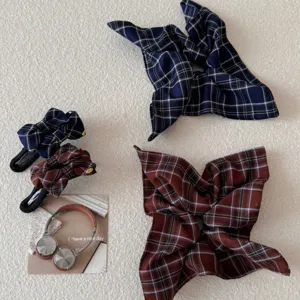 Vintage college style plaid hair accessory set with bow clips and large scrunchies