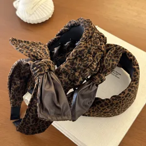 Vintage Leopard Print Velvet Headband For Women Braided Sponge Padded Hair Band Autumn Winter Fashion Bow Hair Accessories