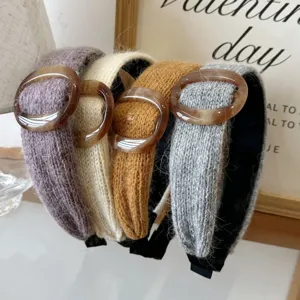 Chic knitted wide headbands with round resin ring for women's winter hair accessory