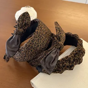 Elegant velvet leopard print bow headband and wide braided sponge hair hoop set for women