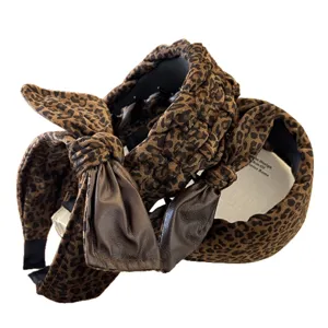 Leopard print velvet headbands with bow and braided sponge design