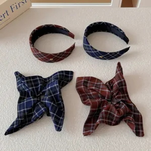 Elegant classic plaid headband and matching bow hair scrunchie set in brown and navy blue