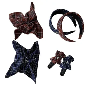 Vintage preppy style plaid hair accessory set with headbands and scrunchies