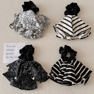 Vintage Black White Paisley Stripe Fabric Scrunchies Artificial Pearl Hair Ties For Women Korean Ponytail Holder