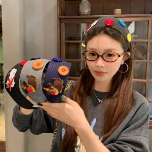 Fashionable wide ribbed knit headband with cute puppy embroidery and colorful buttons