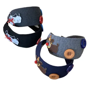 Set of knitted ribbed headbands featuring cute dog embroidery and decorative buttons