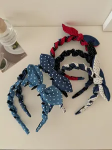 Set of stylish denim polka dot bow headbands with braided wrap detail in multiple colors