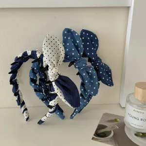Korean Style Denim Polka Dot Bow Headband For Women Handmade Rabbit Ear Hair Band With Hair Clips Fashion Hair Accessories