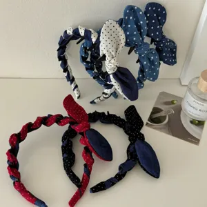 Denim polka dot bow headband with rabbit ears for a stylish hair accessory