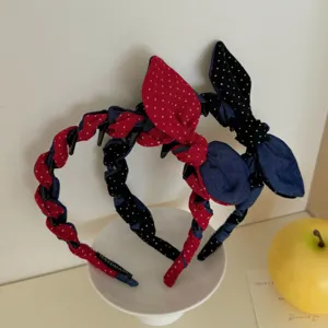 Stylish denim and polka dot bow headband set with rabbit ear design for women.