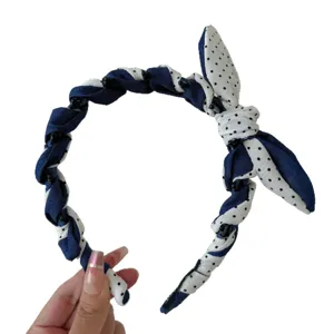 Korean style blue denim and polka dot bow headband with twisted fabric for women