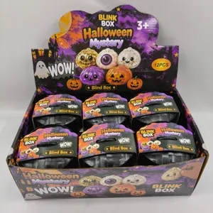 Display set showing various Halloween themed steamed bun squishy toys in blind boxes.