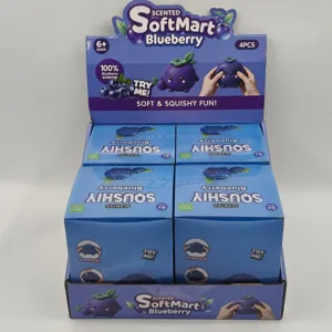 Retail display box filled with four blueberry scented slow rising squishy toys.