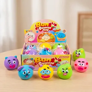 Colorful bun squeeze toys with funny expressions and slow rebound for stress relief play.
