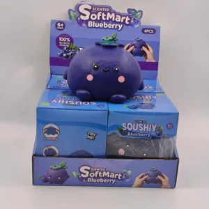 Close-up view of a jumbo blueberry scented squishy toy in its retail display box