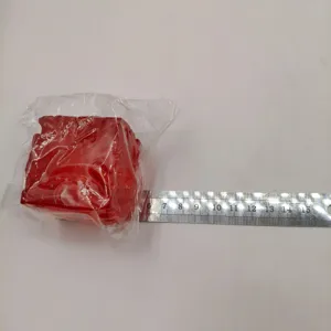 Close-up view of a translucent red square squishy toy next to a ruler for size reference