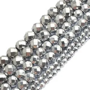 Silver plated faceted hematite round beads strands for DIY jewelry making bracelets 1pc