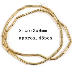 Gold electroplated hematite tube bead detail showcasing 3x9mm size and approx 45pcs quantity.