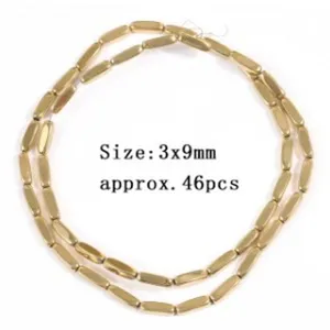 Gold hematite tube beads 3x9mm DIY bracelet accessories detail shot showing size and shape.
