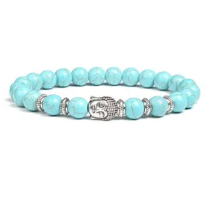 Detailed view of turquoise amazonite bead bracelet with silver Buddha head and metal spacers.