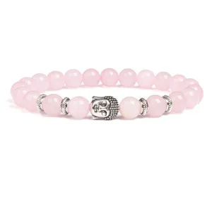 Close-up product detail view of natural pink crystal beaded bracelet with silver Buddha charm.