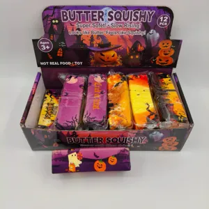 Detailed macro view of Halloween slow rising butter squishy toys in their display box