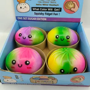 Set of 4 colorful 15cm squishy bun toys with cute expressions in a mystery display box.