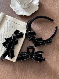 Vintage black velvet bow hair accessory set featuring headband and hair claw clip