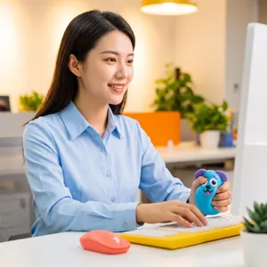 Asian woman using a blue cartoon dog slow rebound squeeze toy at her office desk