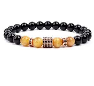 8mm Tiger Eye Black Agate Stone Bead Bracelet Micro Pave Rose Gold Spacer Men Women Jewelry