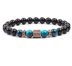 8mm Beaded Bracelet with Blue Tiger Eye and Micro Paved Zirconia Spacers for Men and Women