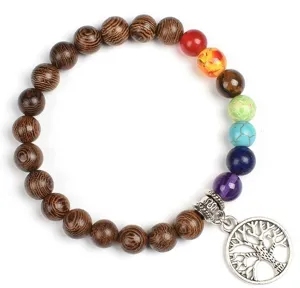 8mm Chakra Wood Stone Bracelet with Tree of Life Pendant Healing Yoga Jewelry Detail
