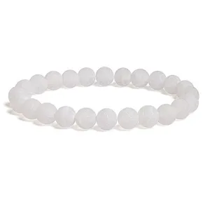 White frosted weathered agate beaded bracelet, 8mm cracked stone jewelry for gift