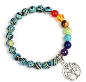 Close up detail of 8mm gemstone bead bracelet featuring a silver tree of life pendant.