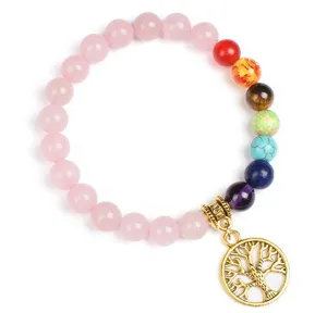 Exquisite tree of life pendant chakra gemstone bracelet with colorful beads for daily wear.