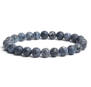 8mm blue crackled agate bead bracelet detail, matte stone prayer beads for men and women.