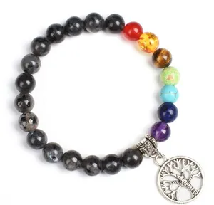 8mm chakra gemstone beaded bracelet detail view featuring silver tree of life pendant.