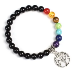 8mm natural gemstone chakra beads bracelet with silver tree of life pendant yoga jewelry