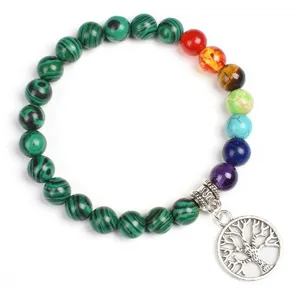 Chakra malachite gemstone beaded bracelet with silver tree of life pendant for yoga meditation.